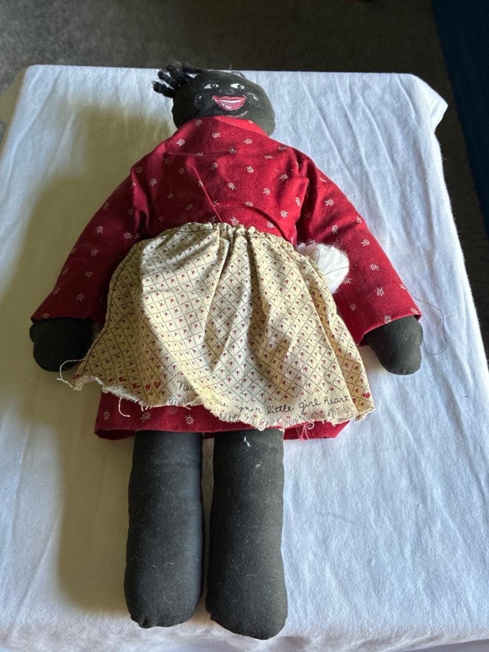 Handcrafted Black Cloth Doll with Red Dress and Cream Apron